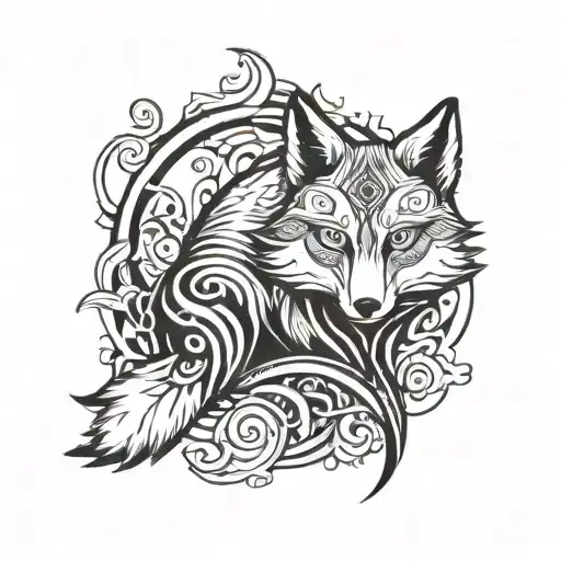 Multi-Tail Fox Kitsune with Wolf reflection below it. tattoo design idea