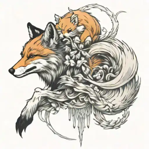 Multi-Tail Fox Kitsune Above with a stalking Wolf reflection below the Kitsune tattoo design idea