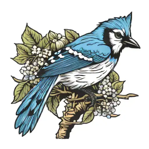 Bluejay on a branch on hand tattoo design idea