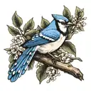 Bluejay on a branch on hand tattoo design idea