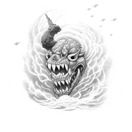 A thunderous storm brewing over a construction site tattoo design idea