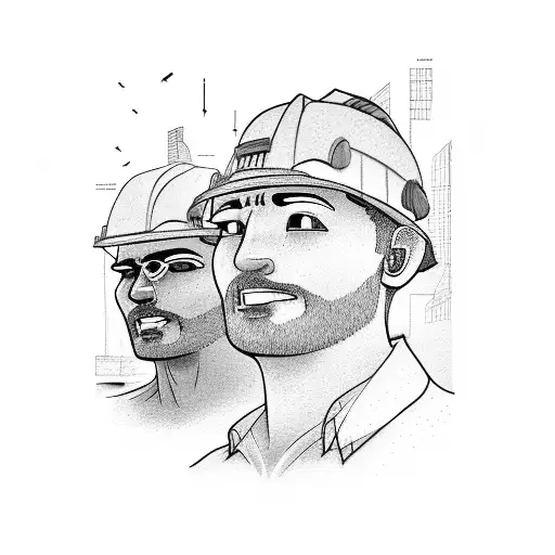 A colossal statue of a construction worker on the beach tattoo design idea