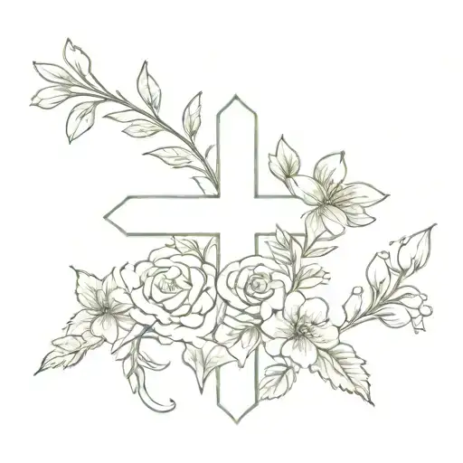 cross surrounded by birth flowers March August July October  tattoo design idea