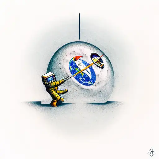 astronaut with a rock underneath and a amr made of trees, the astronauts lower body is a floating rock   tattoo design idea