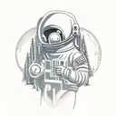 astronaut with a rock underneath and a amr made of trees, the astronauts lower body is a floating rock   tattoo design idea