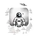 astronaut with a rock underneath and a amr made of trees, the astronauts lower body is a floating rock   tattoo design idea