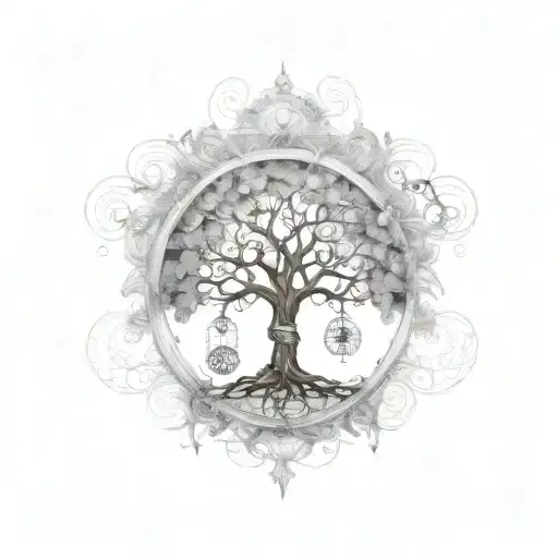 A steam punk-inspired tree of life with musical notes flowing through the branches tattoo design idea