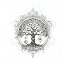 A steam punk-inspired tree of life with musical notes flowing through the branches tattoo design idea