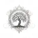 A steam punk-inspired tree of life with musical notes flowing through the branches tattoo design idea