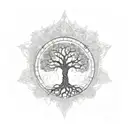 A steam punk-inspired tree of life with musical notes flowing through the branches tattoo design idea