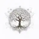 A steam punk-inspired tree of life with musical notes flowing through the branches tattoo design idea