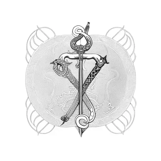 sword with fine details on the handle with a snake wrapped around the blade tattoo design idea