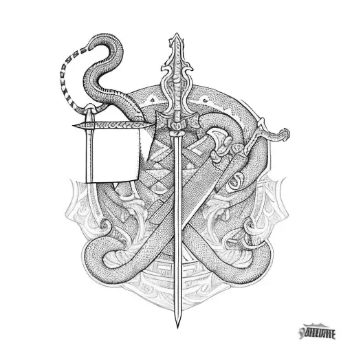Sword with fine details on the handle, libra scale hanging from the sword, snake wrapped around the blade of the sword tattoo design idea