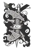 forearm dagger with initials C and M tattoo design idea