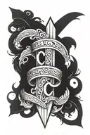 forearm dagger with initials C and M tattoo design idea