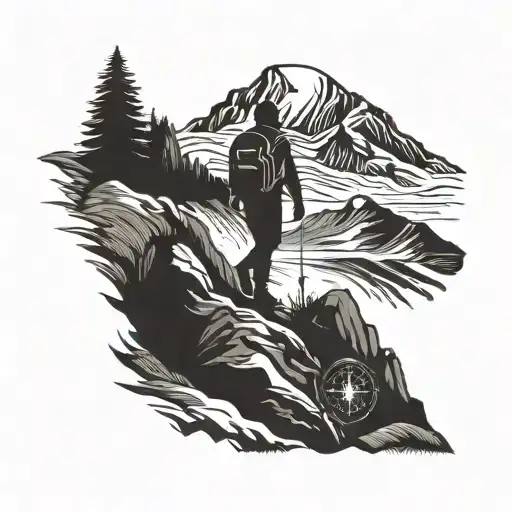 A silhouette of a person hiking up a mountain with a compass in hand, symbolizing the journey of life and exploration tattoo design idea