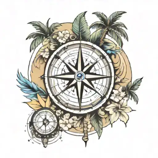 compass and palm trees tattoo design idea