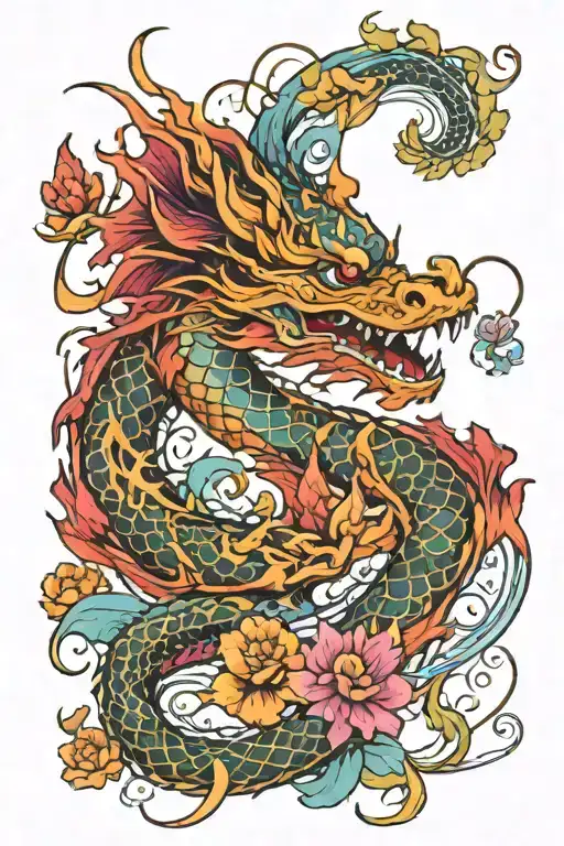 feminine dragon with vines and flowers growing in bright colors and koi's  tattoo design idea