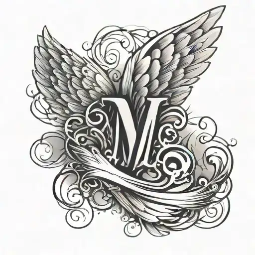Cursive M with angel wings on the back tattoo design idea