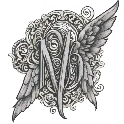 Cursive M with angel wings on the back tattoo design idea