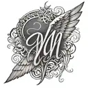 Cursive M with angel wings on the back tattoo design idea