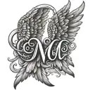 Cursive M with angel wings on the back tattoo design idea
