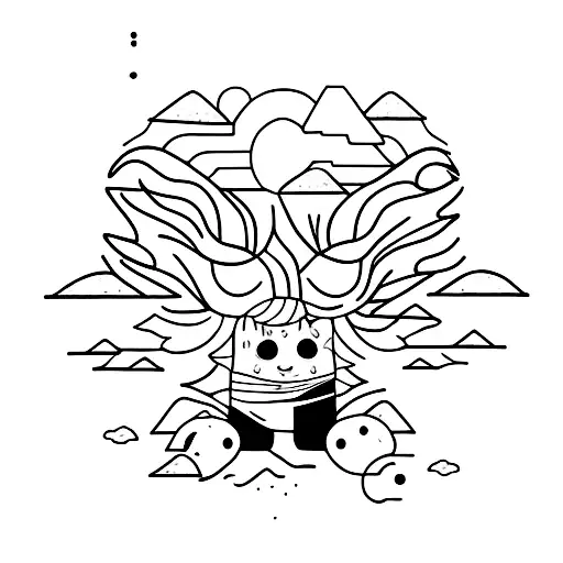 Billie Eilish surrounded by colorful mountains tattoo design idea