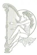 the morrigan goddess irish harp with angel. moon surrounded tattoo design idea