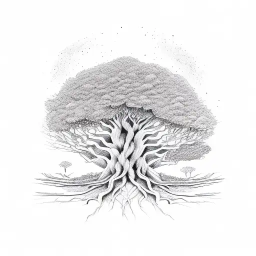 A tree with roots spreading out and the word 'Mindfulness' incorporated tattoo design idea