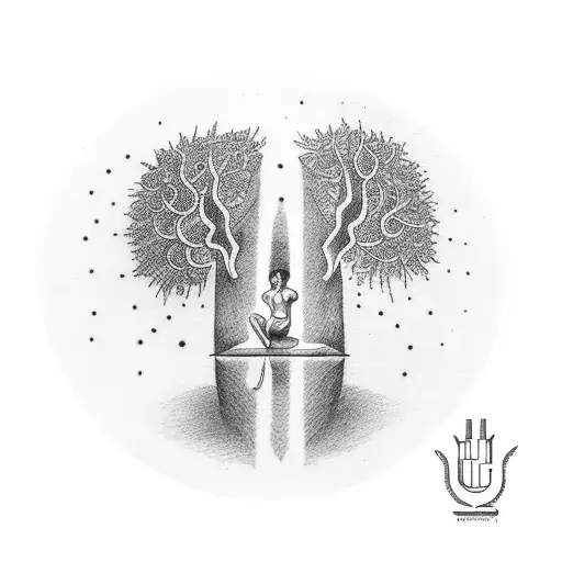 A dotwork tattoo of a Greek philosopher meditating under a sacred olive tree tattoo design idea