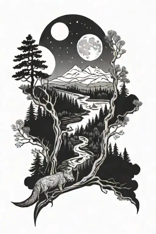 Full sleeve. Forest with scandinavian animals and The moon in the sky behind some mountains. And a river tattoo design idea