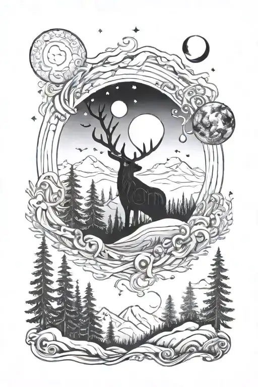 Full sleeve. Forest themed with scandinavian animals and The moon in the sky behind some moutains tattoo design idea