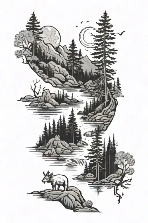 Full sleeve. Swedish Forest with scandinavian animals and The moon in the sky behind some mountains. And a river tattoo design idea