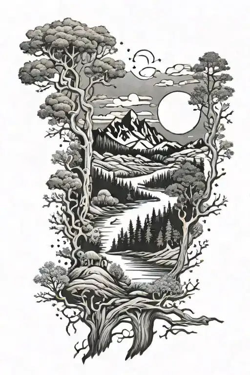Full sleeve. Forest with scandinavian animals and The moon in the sky behind some mountains. And a river tattoo design idea