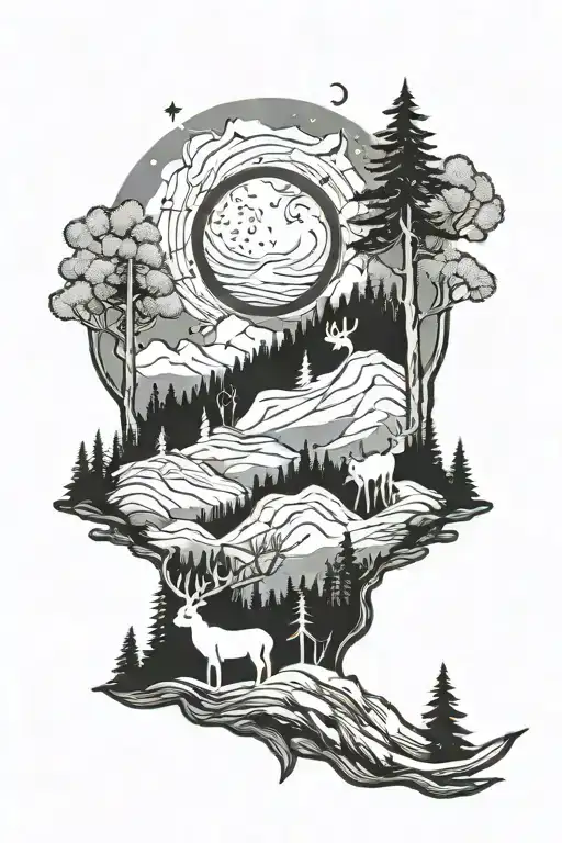 Full sleeve. Forest themed with scandinavian animals and The moon in the sky behind some moutains tattoo design idea