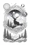 Full sleeve. Forest themed with scandinavian animals and The moon in the sky behind some moutains tattoo design idea