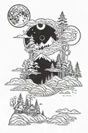 Full sleeve. Forest themed with scandinavian animals and The moon in the sky behind some moutains tattoo design idea