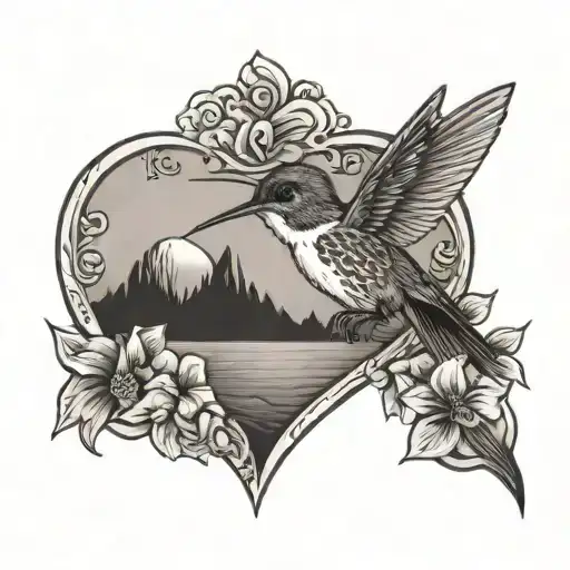 Fremont bridge, Astoria bridge, hummingbird on flower, wave, sand dune inside a heart tattoo design idea