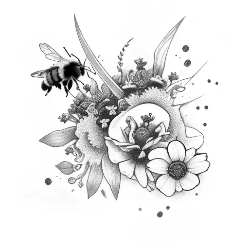 dagger with bumble bees and flowers tattoo design idea