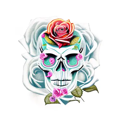 skull, roses, hour glass, fire tattoo design idea