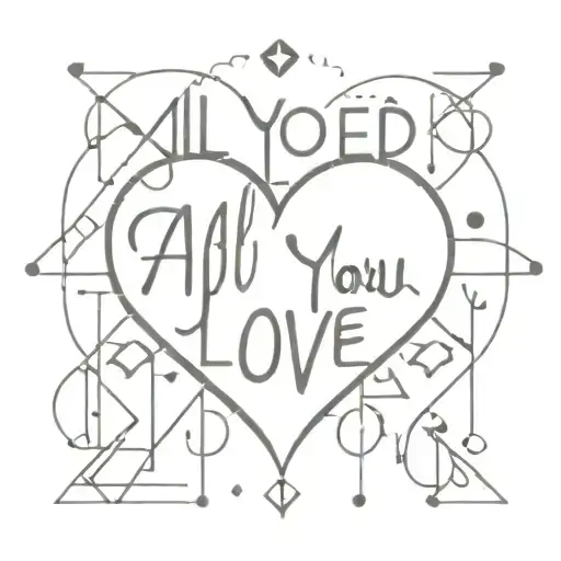 A dotwork tattoo of a heart-shaped text that reads 'ALL YOU NEED IS LOVE' surrounded by geometric patterns and shapes tattoo design idea