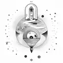 tiny rocket ship breaking out of vacuum tube to fly amongst planets and stars.  tattoo design idea