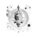 tiny rocket ship breaking out of vacuum tube to fly amongst planets and stars.  tattoo design idea