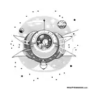 tiny rocket ship breaking out of vacuum tube to fly amongst planets and stars.  tattoo design idea