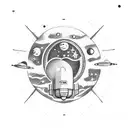 tiny rocket ship breaking out of vacuum tube to fly amongst planets and stars.  tattoo design idea