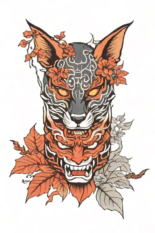 Half red oni mask and half kitsune mask with autumn leafes in background tattoo design idea
