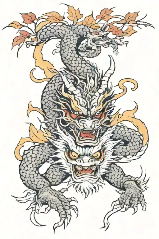 japanese dragon going down on a red half yellow oni mask, with autumn leafes as a background  tattoo design idea