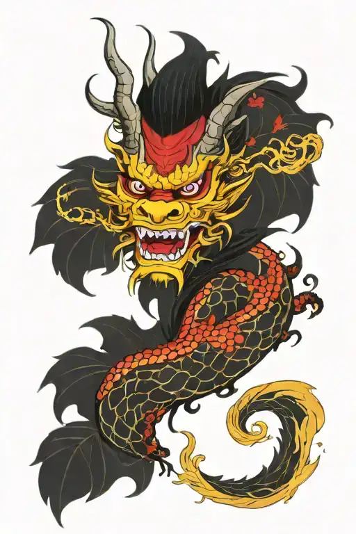 japanese dragon wrapped round on a half red half yellow oni mask, with autumn leafes as a background  tattoo design idea