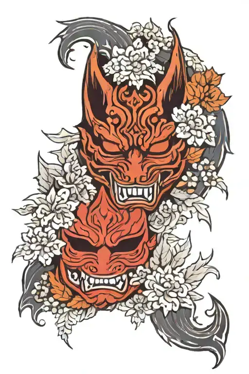 Half red oni mask and half kitsune mask with autumn leafes in background tattoo design idea