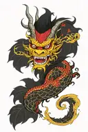 japanese dragon wrapped round on a half red half yellow oni mask, with autumn leafes as a background  tattoo design idea